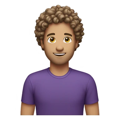 white Man with laptop in purple tshirt with curly hairs sticker