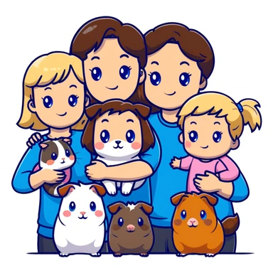 Family portrait with father with dark brown hair and blue eyes, mother with light brown hair and blue eyes, three blonde little girls with blue eyes, plus a grey cat and two guinea pigs sticker