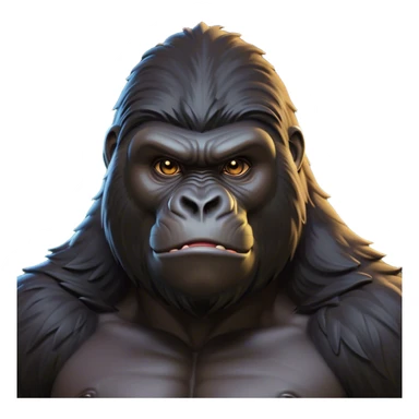 Cinematic Noble Gorilla Portrait Emoji, Poised and commanding, with a massive, muscular build cloaked in dense, rich fur and deep, soulful eyes, Simplified yet sharp and sophisticated features, highly detailed, glowing with a soft, dignified jungle glow, high shine, intelligent and formidable, stylized with an air of primate majesty, focused and authoritative, soft glowing outline, capturing the essence of a watchful guardian that feels as though it could step out of the screen with effortless authority! sticker