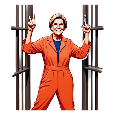 Make a picture of Senator Elizabeth Warren wearing an orange jumpsuit and behind bars sticker