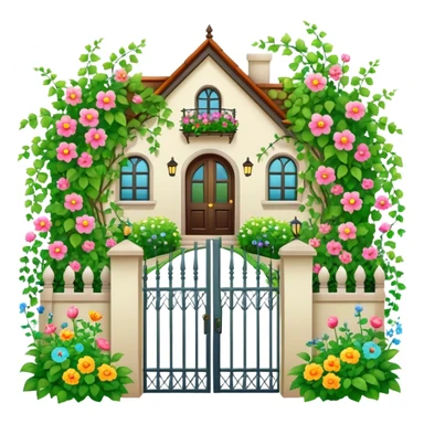 iron fence house entrance with vines, flowers and garden sticker