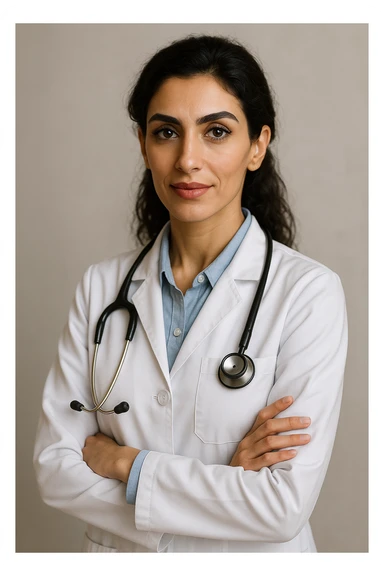 Arab doctor, 46 kg, 173 cm, medium black-brown hair, black eyes with long lashes and thick eyebrows, beautiful mouth, defined facial bone structure, prominent cheekbones, chin with a dimple (غمازة ذقن), wearing medical attire, elegant and professional appearance sticker