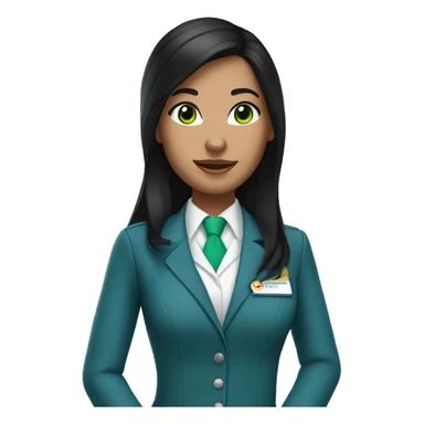 Flight attendant with long black hair, white skin and green eyes and a blue scarf sticker