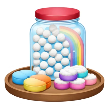 wooden tray with a jar of cotton balls, a jar of cotton swabs, a jar of cotton pads with wooden lids, with a rainbow outline sticker