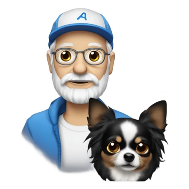 Old man with ‘blue eyes’ goatee beard ball cap holding black long haired chihuahua sticker