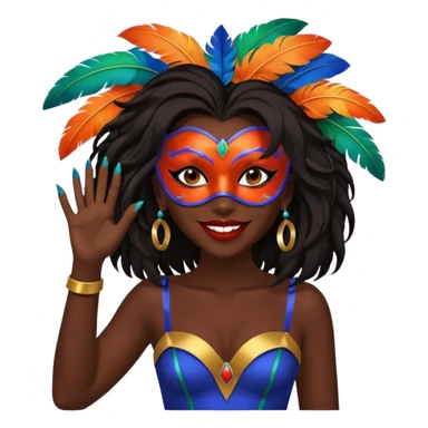 i need the same girl in "dark skin girl, dark red lipstick, nails very beautiful" to be smiling in "carnival mas costume, blue, green and orange preferably, full costume feathers at the back" she is to be smiling, hair should be dark shoulder length, black nail polish on her fingers  sticker