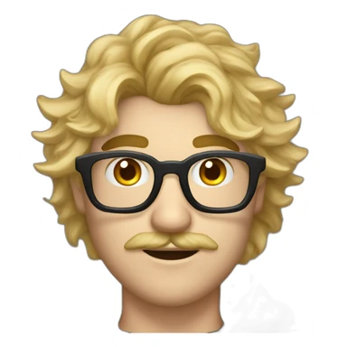 A man with blond messy hair and a mustache, wearing a black squared shaped eye glasses, a black witch hat and black  robe sticker