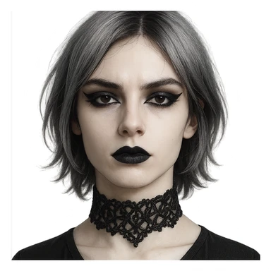 goth face, androgynous, silver hair, black lace choker, dramatic eyeliner sticker