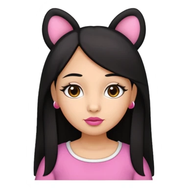 Gordita, ojos pequeños de color cafe oscuro, labios pequeños y rosados, piel trigueña, orejas pequeñas, cabello largo lazio y negro, pequeña. cuerpo completo. sticker