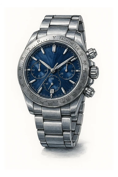 Сгенерируй мне часы металические, дорогие, в чуть рисованном стиле. На чисто белом фоне. БЕЗ НАДПИСЕЙ. Но при этом объмная и яркая sticker