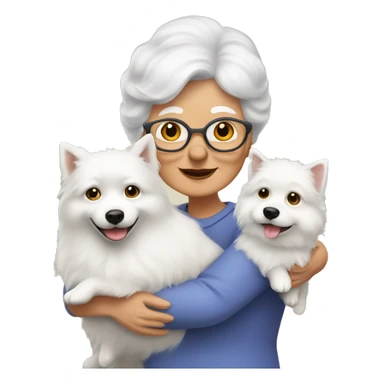 grandma with dark blonde hair hugs a white spitz dog. the grandma hair is dark blonde color sticker