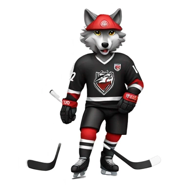 A wolf plays hockey in a black and white red uniform with a wolf emblem on his chest sticker