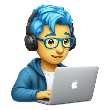 male programer coding in a macBook with headphones and blue hair  sticker