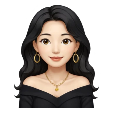 A South Korean girl in her thirties with long black soft wavy hair with middle part and layers. She is wearing a black off the shoulder long sleeve knit sweater, small gold hoop earrings and thin gold necklace. She has brown eyes with mono lid shape and smiling with lips together sticker