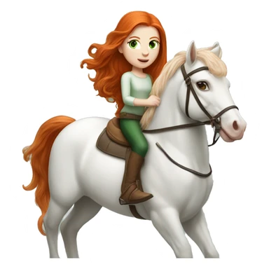 Redhead (ginger) girl, long blowout hair, green eyes and pale skin riding a white horse sticker