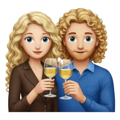 A woman with brown eyes and long blond curly hair and a man with blue eyes and brown hair, they toast to each other with a glass of white wine. They both have blue eyes sticker