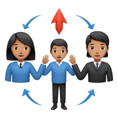Minimalistic flat vector icon, iOS style, thin black contour on white background. Three people silhouettes connected by circular arrows, symbolizing Scrum teamwork. Clean, no text, no shadows sticker