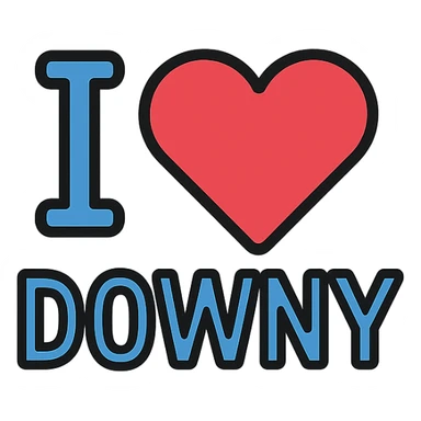 the phrase 'I ❤️ DOWNY' in a bold, modern style, suitable for a logo sticker