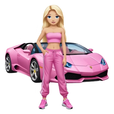 Rosaner Lamborghini mit einem Mädchen mit sehr lamgem blonden Haaren und latina make up und blauen Himmel Augen daneben stehen und sie hat ein rosanes Top ohne Träger anund eine rosane Joggingshose und rosanen Adidas Schuhen sticker
