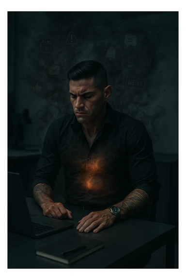 A highly realistic, cinematic image of a young man in his early 30s, sitting at a modern office desk under harsh artificial lighting, shoulders hunched, jaw clenched, and breathing shallowly, symbolizing how modern society forces people to live in a state of chronic tension and restricted breathing. Around him, faint black and grey visual elements represent notifications, deadlines, social media icons, and news alerts, swirling around his head like a chaotic storm, symbolizing societal pressure. His chest appears visually tight and compressed, and faint dark smoke emanates from his body, representing blocked breath and internalized stress. In contrast, a faint glowing light near his chest and abdomen tries to expand, symbolizing the innate desire of the body to breathe freely and deeply. The environment is cold and minimalistic, with a sense of stillness and tension, captured in a hyperrealistic 35mm film style with muted colors, focusing on the man's tense posture and restricted breathing to reflect the unseen burden of modern living. sticker