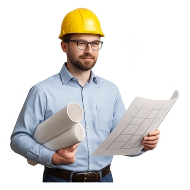civil engineer with blueprints and hard hat, technical setting sticker