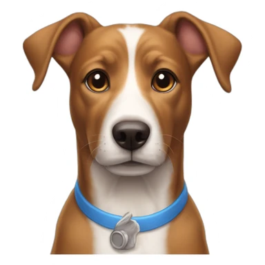 adopted brown dog with a white line in the middle of her hed and honey eyes and blue collar with bunny ears sticker