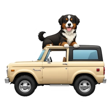 Cream colored ford bronco with no roof and an adult Bernese mountain dog in the seat sticker