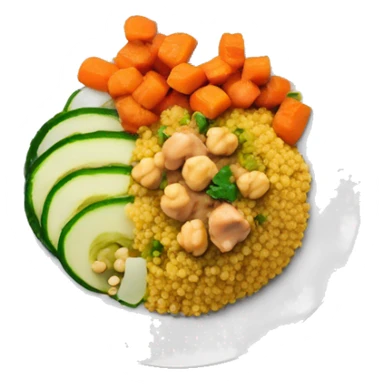 Couscous dish on a plat with orange sauce, carrots, zucchini, chickpeas and meat on top sticker