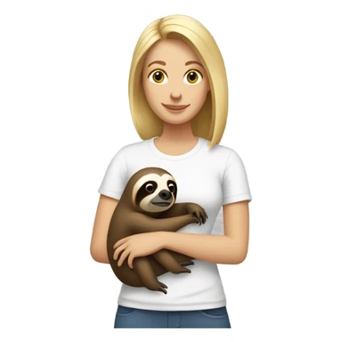 Lady with shoulder length blonde hair in white t-shirt holding a sloth sticker