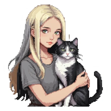 Beautiful girl with long black hair petting a gray and blonde mixed cat sticker