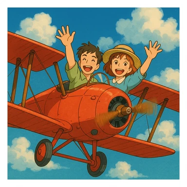 two happy people waving from a biplane, ghibli style sticker