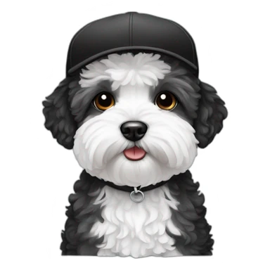 Maltipoo, black and white, with black cap sticker