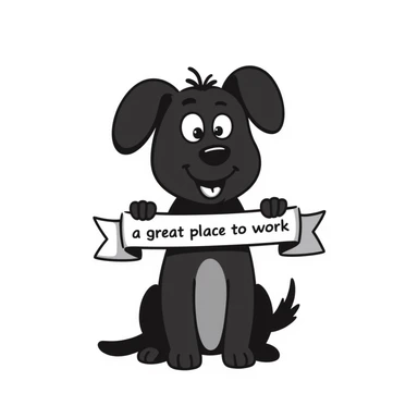 dog holding a ribbon with the text 'a great place to work' written in blue, hand drawn doodle style, notion style sticker
