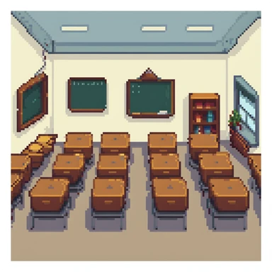 classroom with a group of students interacting in pixel art style sticker