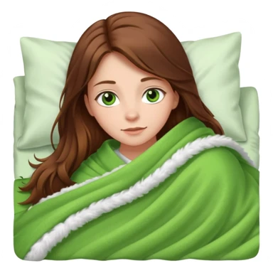 girl with long brown hair and green eyes in bed under many blankets sticker
