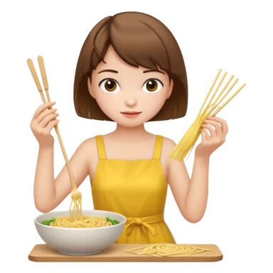 Brown short hair girl and white skin with yellow dress making noodle sticker