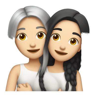 A lesbian couple who both have white skin and long black hair are hugging intimately. sticker