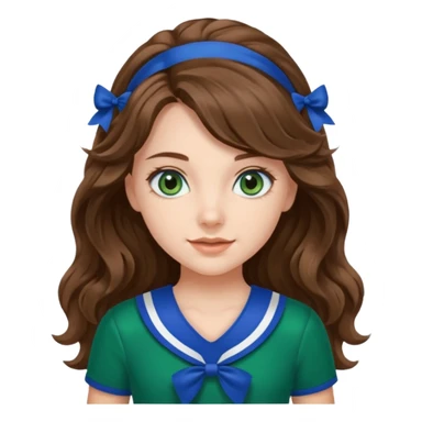 A pretty girl with BLUE EYES, brown long wavy hair, and wear green Hawkins cheerleader uniform sticker