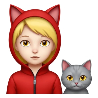 There is a kid wearing all red. Next to him there is a gray cat that has a red cat outfit and the cat has yellow eyes sticker