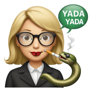 can you create a sneaky bitch SNAKE with big glasses smoking a cigarrette? the SNAKE needs to have dirty blonde hair
can you add a text baloon saying "YADA YADA" - it's a snake emoji sticker