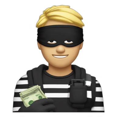 robber with blonde hair wearing a black beanie and a long sleeved white and black horizontally striped t-shirt and wearing black eye mask and holding and a bag of money in their left shoulder sticker