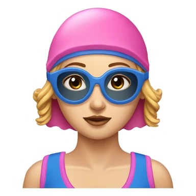 Lady pink swimming cap black lenses googles blue swimsuit  sticker