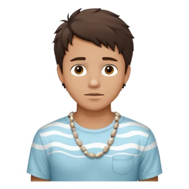 create an emoji of a young man. he has a nice surfer look, with short messy dark brown hair, brown eyes, tanned skin, natural lips. he wears a white sea shell necklace with an open short sleeve shirt sticker