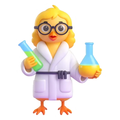 Add scientist glasses to the cartoon chick in a bathrobe holding chemical flasks and tubes, 3D style, no background. sticker