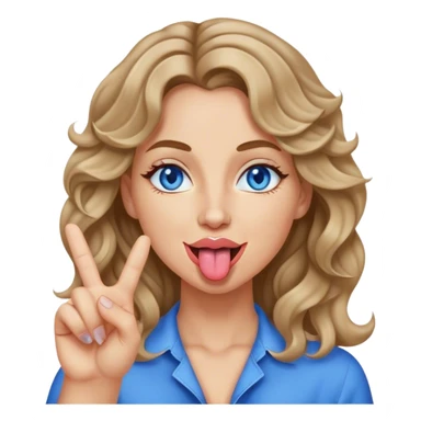 Woman with dark blonde wavy hair blue eyes sticking tongue out giving peace sign sticker