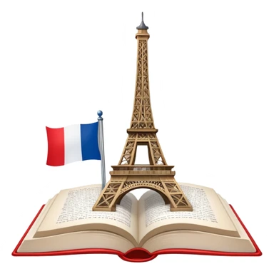 An icon featuring the Eiffel Tower and the flag of France, symbolizing the French language. The design includes an open book with French text, representing language learning and French culture. Transparent background highlights the elegance of the French-speaking world. sticker