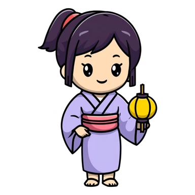 Cute Japanese high school girl in yukata at school summer festival with paper lanterns sticker