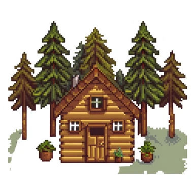wooden cabin in forest clearing with small garden sticker
