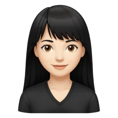 A white woman with Long straight hair with bangs, black hair, brown eyes and a black low-cut shirt smiling sticker