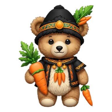 teddy bear, wearing black mayan ancient custome, with carrot sticker